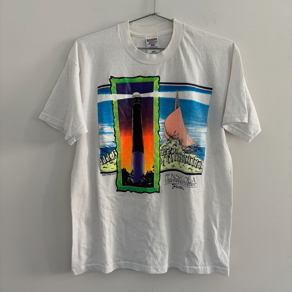 Vintage Fruit of the Loom Pensacola Florida Lighthouse T Shirt Mens Large White